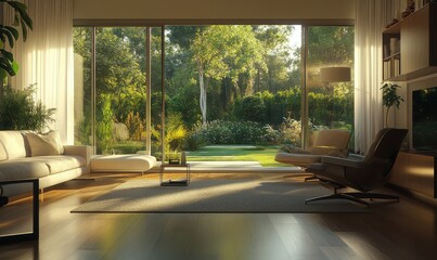 Fototapeta premium Bright modern living room with neutral furniture, wooden flooring, and large glass doors opening to a garden, minimalist decor creating a cozy vibe, clean tones