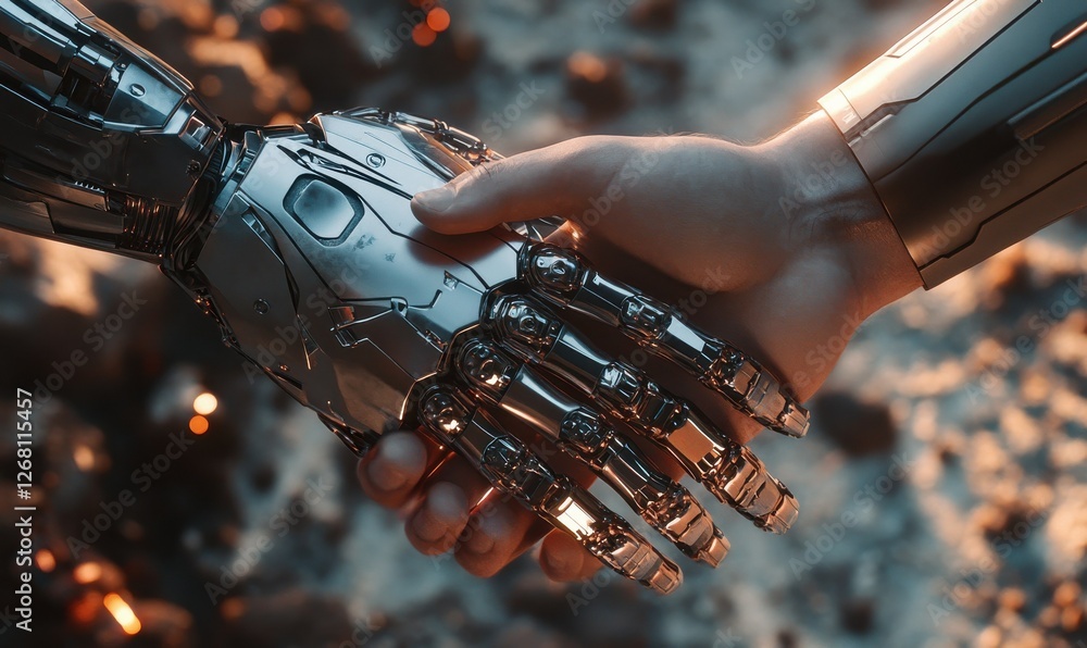 Poster close-up of a futuristic robotic hand shaking hands with a human hand, soft glowing light creating a