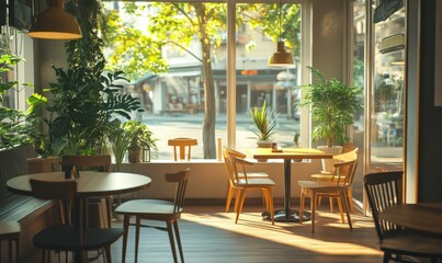 Fototapeta premium Bright sunlit cafe with sleek wooden furniture, indoor plants, and large windows offering a view of the street, warm inviting tones creating a cozy atmosphere