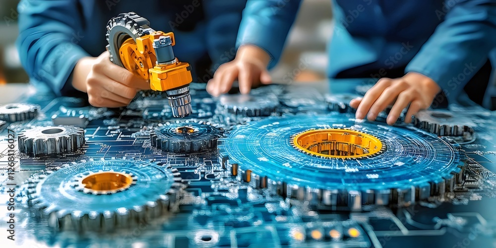 Poster engineers build futuristic gears; tech background