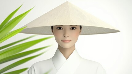 A serene woman in traditional attire with a conical hat and greenery.