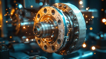 Industrial machinery gear assembly in factory workshop with sparks