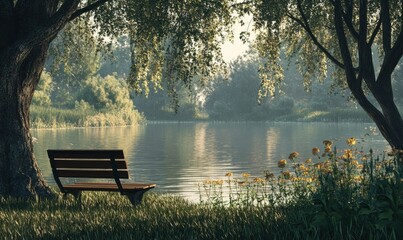 Obraz premium Calm riverside view with a wooden bench under tall trees, golden reflections on the water, and soft light creating a tranquil moo