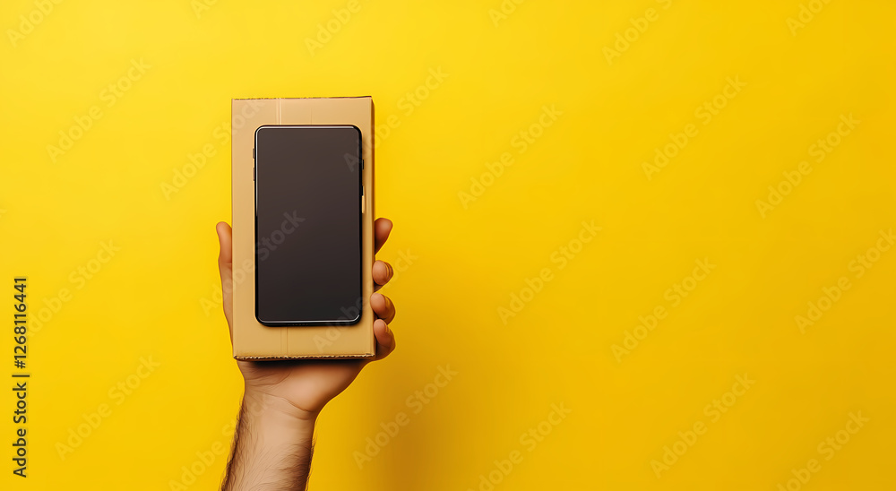 Poster hand holding smartphone in box: a hand holds a smartphone in a cardboard box against a vibrant yello