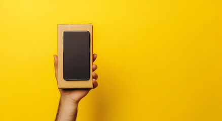 Hand Holding Smartphone in Box:  A hand holds a smartphone in a cardboard box against a vibrant yellow background, creating a visually captivating and minimalist image perfect for product displays.