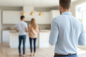 Fototapeta premium A young couple explores a modern kitchen in a new home with a real estate agent.