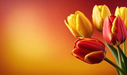 Bouquet of red-yellow tulips isolated on orange background. Space for text. Banner