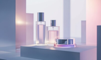 Minimalist product display of luxury skincare bottles, soft glowing light enhancing their sleek design.