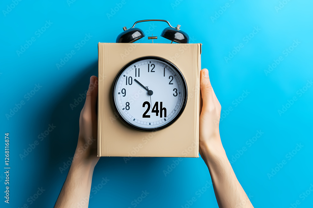 Poster 24/7 service: a pair of hands hold up a vintage alarm clock with a cardboard box to represent 24/7 s