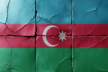 colourful flag of azerbaijan on a massive old, vintage stone wall with a cracks background. concept. Generative Ai