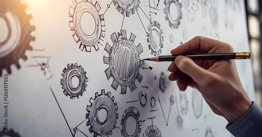 Poster engineering a solution: a hand meticulously sketches a complex system of interconnected gears on a w