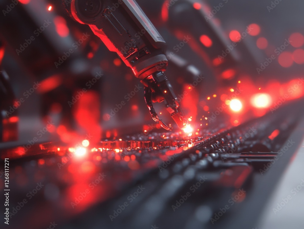 Poster robotic arm working on circuit board with red lights
