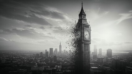Fototapeta premium Big Ben Disintegrating in Modern Cityscape