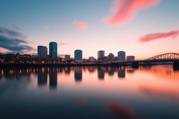 city skyline at sunset with reflections in water
