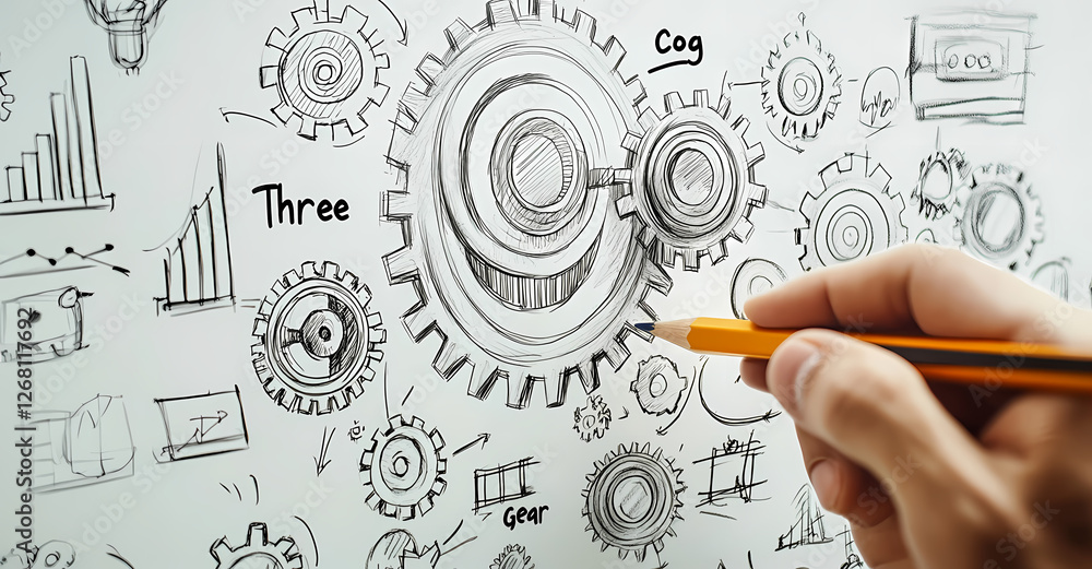 Poster conceptual hand sketching gears: a hand holding a yellow pencil draws a set of interconnected gears 