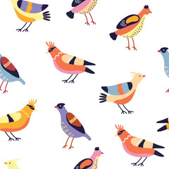 seamless pattern with colorful abstract birds on white background, flat style illustration