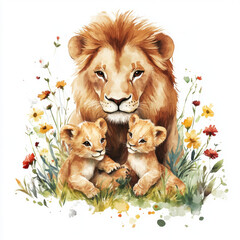 A Majestic Lion with Two Adorable Cubs Among Colorful Wildflowers, isolated on a white background.