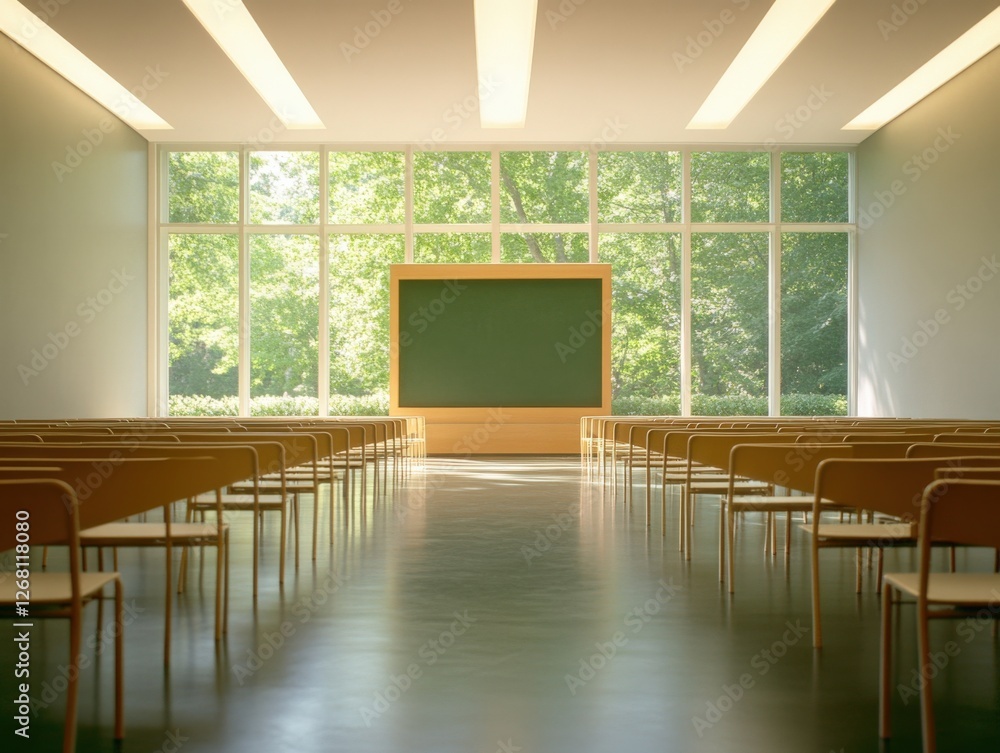 Poster empty classroom with rows of chairs and a chalkboard.