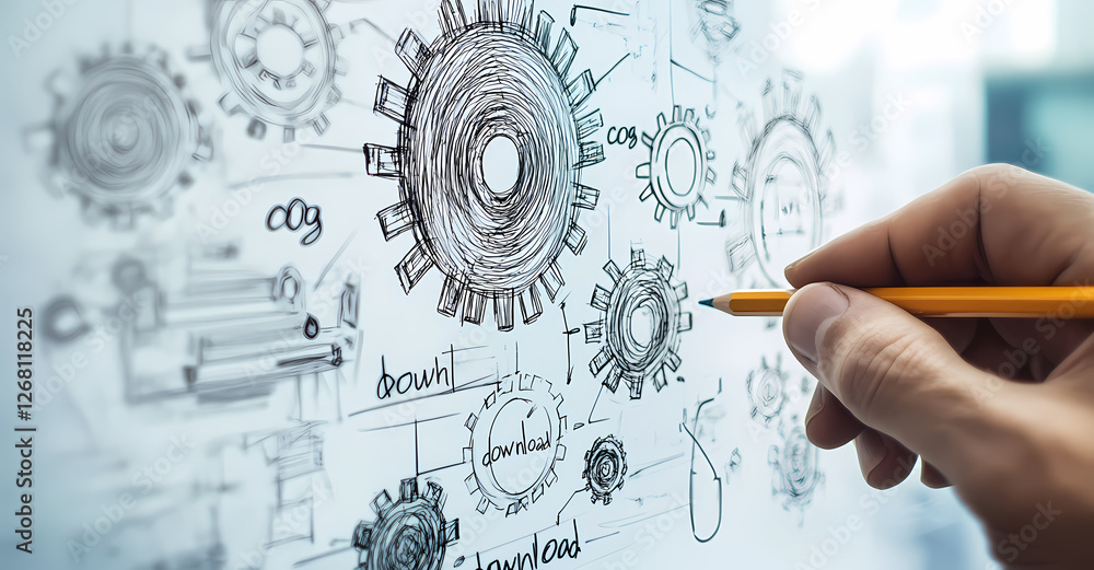 Poster strategic planning sketch: a hand meticulously sketches interconnected gears and diagrams on a white