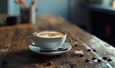 Cup of frothy cappuccino on a rustic wooden table, with a sugar stick and scattered coffee beans adding to the cozy cafÃ© atmosphere