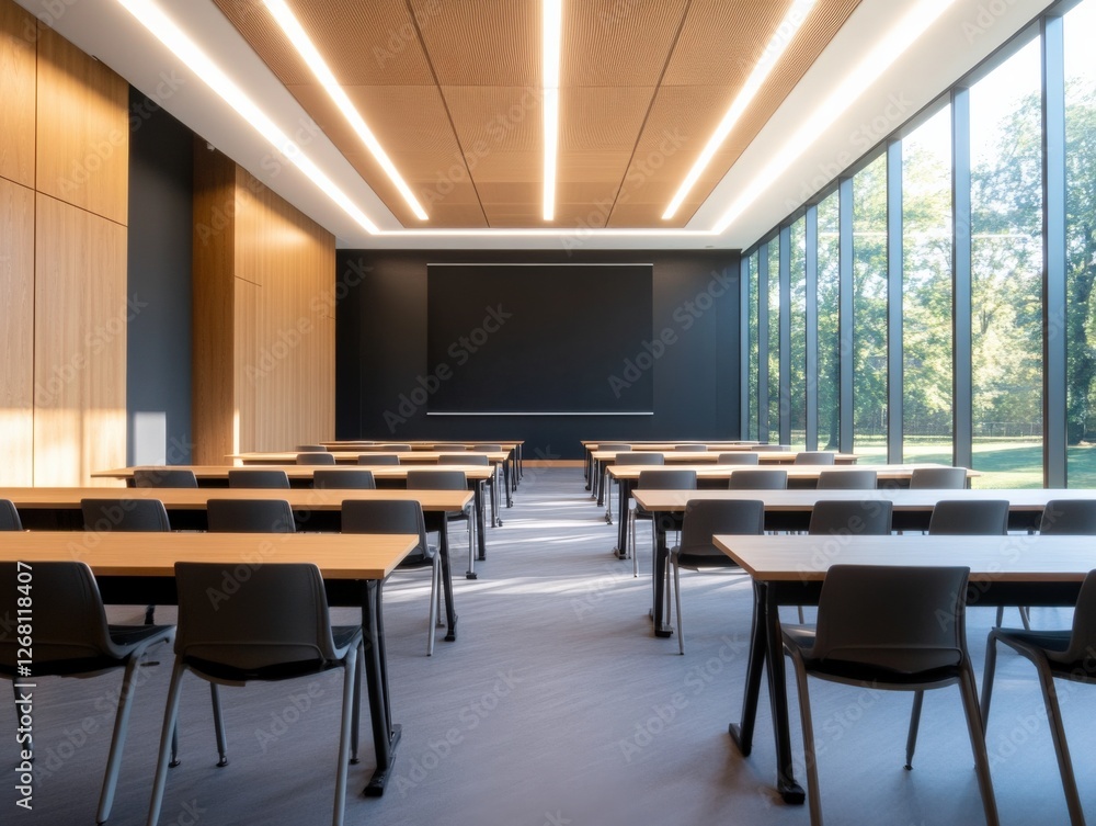 Poster modern classroom with tables and chairs by window.