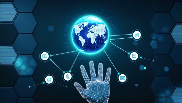 futuristic tech advertisement image with a dark blue background featuring hexagonal patterns. In the center, show a glowing blue holographic sphere with a digital world map texture. The sphere appears - Powered by Adobe