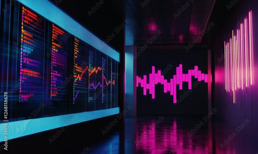 Poster dynamic stock chart illuminated by vibrant colors, displaying fluctuating financial trends in a slee