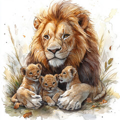 A Majestic lion and playful lion cubs in the grass with warm colors and leaves, isolated on a white background.