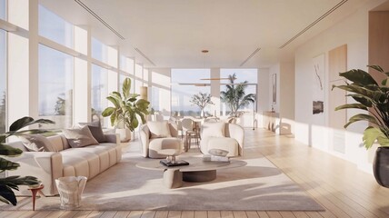 Spacious modern living room with panoramic windows, elegant furniture, cozy decor, and natural light creating a bright, inviting ambiance—perfect for interior design, real estate, or lifestyle concep