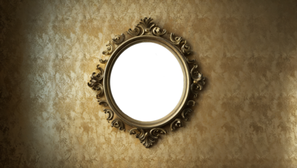 Vintage golden wallpaper featuring shabby tapestry, intricate Victorian pattern, video blog concept, realistic atmosphere, mirror empty frame on wall, elegant aged design, ornate detailing, timeless c