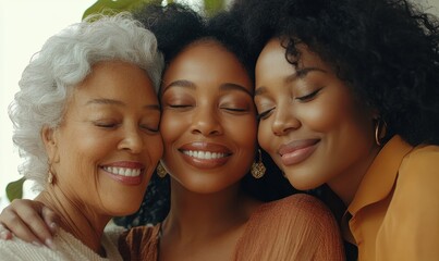 Three generational women embracing, smiling spending pleasant time together, celebrate life event, Happy Mother Day at home, close up
