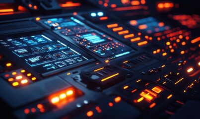 Fototapeta premium High-tech control panel glowing with multi-colored displays, set in a dimly lit environment for a futuristic ambiance.