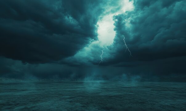 Dramatic thunderstorm rolling over a vast plain, dark clouds and streaks of lightning creating an awe-inspiring natural scene
