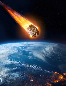 un asteroide que amenaza con caer a la tierra, a toda velocidad con una estela de fuego, imagen realista de la tierra, colorida, 3d