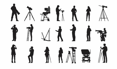 Silhouette Collection: Film Crew and Photographers: A diverse collection of silhouettes depicting photographers, videographers, and film crew members using various equipment.