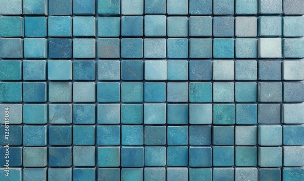Poster 3d, semigloss mosaic tiles arranged in the shape of a wall. rectangular, futuristic, blocks stacked 