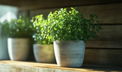 Vibrant green potted herbs on a rustic shelf, their leaves fresh and full of life, illuminated by soft, natural sunlight