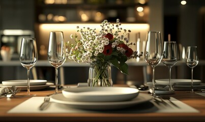Elegant minimalist dining table set with modern plates, wine glasses, and a floral centerpiece, soft warm lighting creating a cozy atmosphere