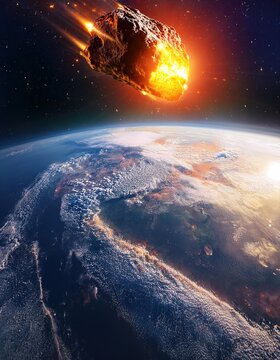 un asteroide que amenaza con caer a la tierra, imagen realista, colorida, 3d