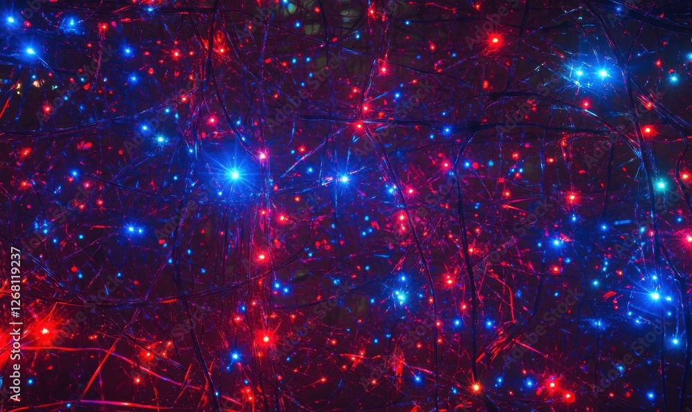 Poster intricate web of glowing wires in neon hues of red and blue, symbolizing connectivity and high-tech 
