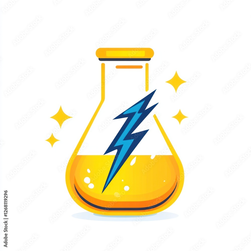 Aufkleber illustration of a glowing science flask with lightning bolt. possible use for educational or scienti