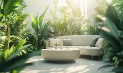 Elegant outdoor lounge area surrounded by lush greenery, soft beige furniture and warm sunlight creating a serene atmosphere, minimalist summer design