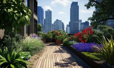 Fototapeta premium Urban rooftop garden with skyline views, combining nature with modern living Rooftop garden, urban property value