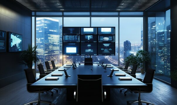 High-tech conference room with multiple security monitors displaying live footage, sharp modern decor and sleek technology, clean professional environment