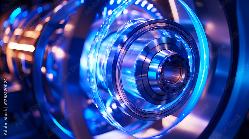 Poster precision engineering: close-up view of intricate machine parts, glowing with vibrant blue light, sh