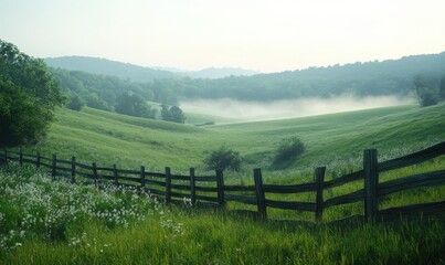 Idyllic countryside scene with rolling green hills, rustic wooden fences, and a soft morning mist creating a peaceful rural vib