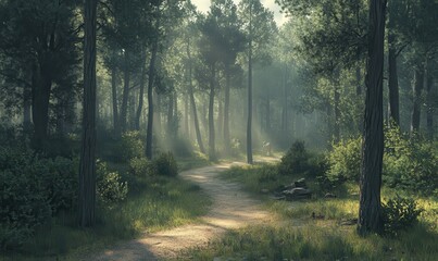Naklejka premium Idyllic forest clearing with tall sunlit trees and a winding dirt path, capturing the beauty and peace of untouched nature.