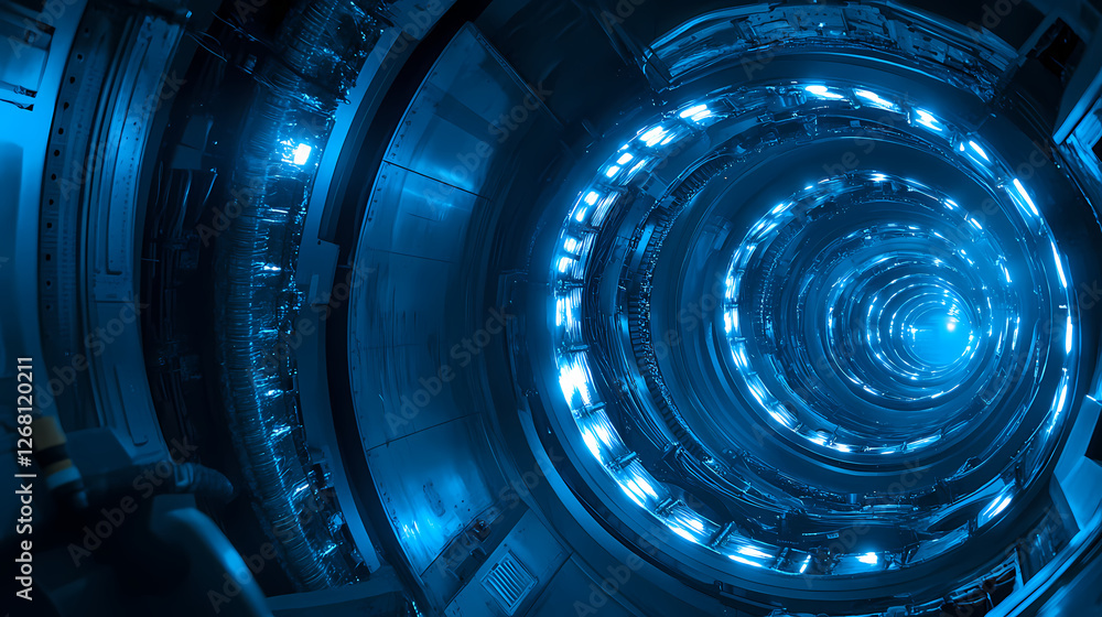 Poster blue spiral tunnel: an abstract and mesmerizing visual of a spiraling tunnel bathed in an ethereal b