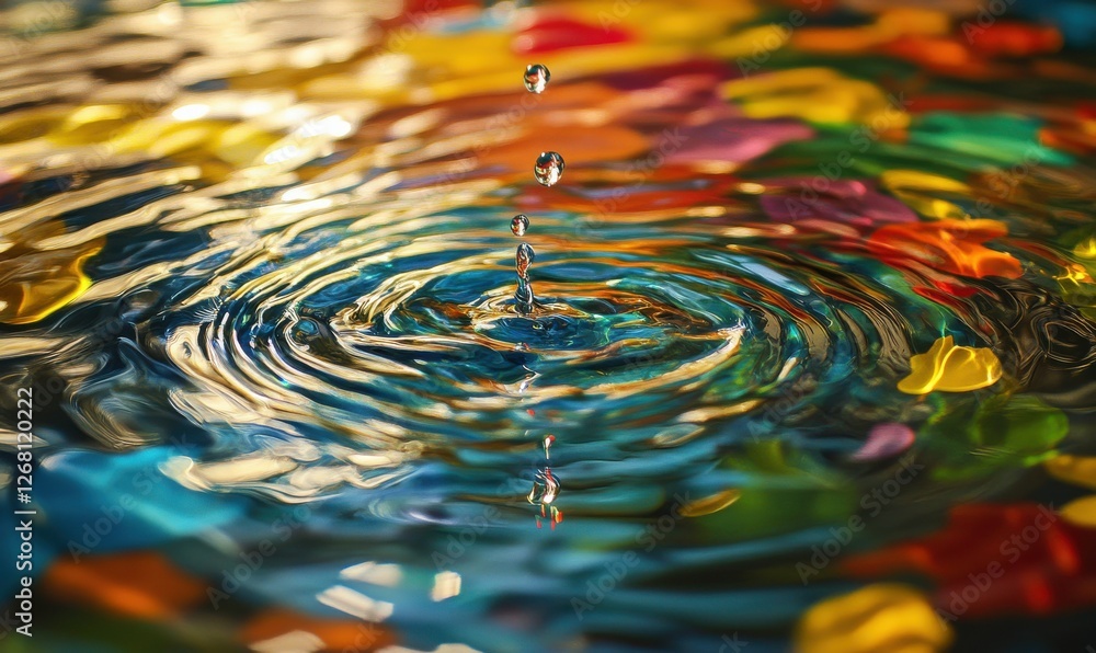 Poster abstract macro shot of colorful oil droplets floating on water, soft reflections creating depth and 