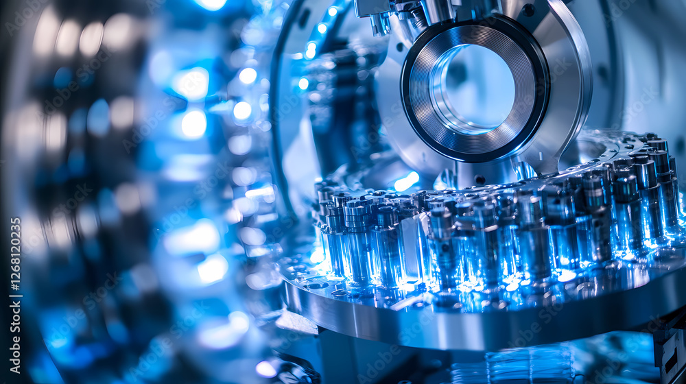Poster high-tech production line: a close-up view of a complex industrial machine in action, showcasing pre